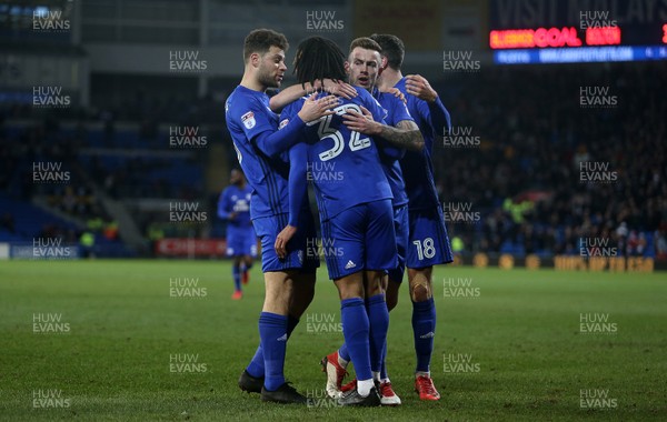 130218 - Cardiff City v Bolton Wanderers - SkyBet Championship - Armand Traore of Cardiff City celebrates scoring a goal with team mates