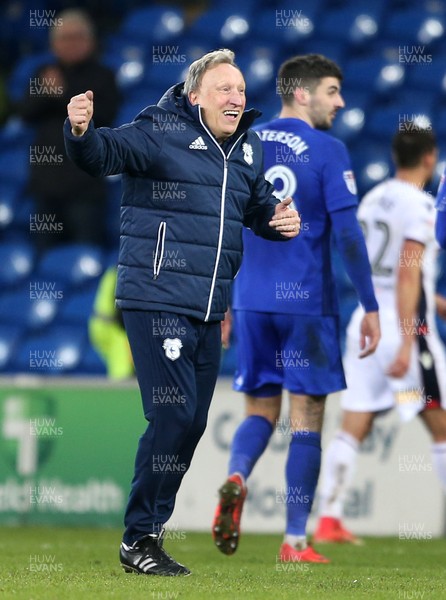 130218 - Cardiff City v Bolton Wanderers - SkyBet Championship - Cardiff Manager Neil Warnock celebrates with fans at full time