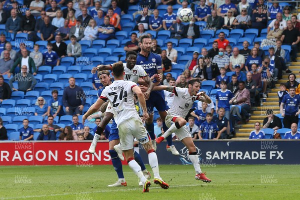 180921 - Cardiff City v Bournemouth, Sky Bet Championship - Sean Morrison of Cardiff City heads at goal only for the ball to strike the crossbar