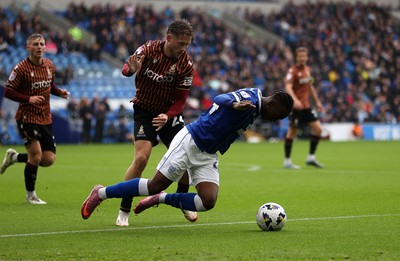 200925 - Cardiff City v Bradford City - SkyBet League One - Ronan Kpakio of Cardiff City is tackled by Will Swan of Bradford City  