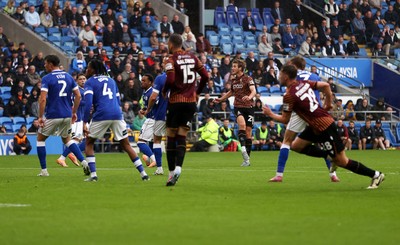 200925 - Cardiff City v Bradford City - SkyBet League One - Tommy Leigh of Bradford City scores a goal