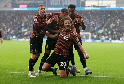 200925 - Cardiff City v Bradford City - SkyBet League One - Tommy Leigh of Bradford City celebrates scoring a goal with team mates
