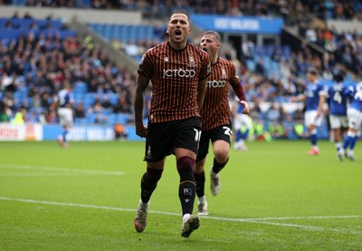 200925 - Cardiff City v Bradford City - SkyBet League One - Antoni Sarcevic of Bradford City celebrates scoring a goal