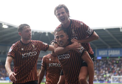 200925 - Cardiff City v Bradford City - SkyBet League One - Antoni Sarcevic of Bradford City celebrates scoring a goal with fellow goal scorer Tommy Leigh