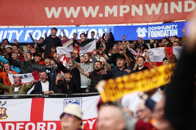 200925 - Cardiff City v Bradford City - SkyBet League One - Bradford fans celebrate at full time