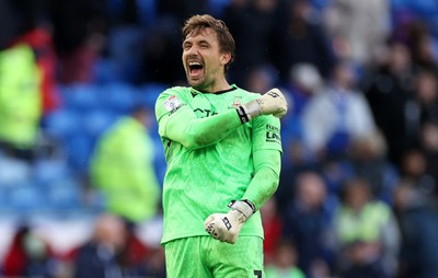 200925 - Cardiff City v Bradford City - SkyBet League One - Sam Walker of Bradford City celebrates at full time