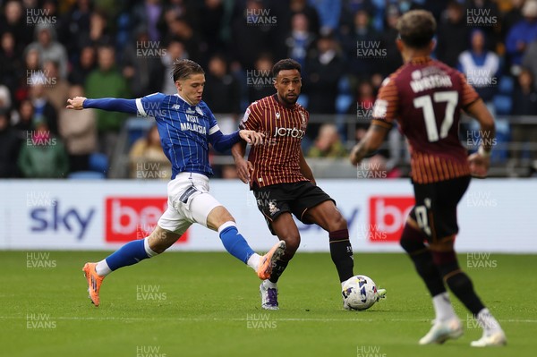 200925 - Cardiff City v Bradford City - SkyBet League One - Ibou Touray of Bradford City is challenged by Cian Ashford of Cardiff City 