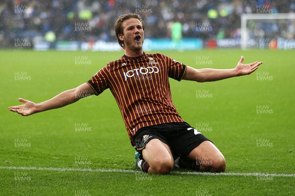 200925 - Cardiff City v Bradford City - SkyBet League One - Tommy Leigh of Bradford City celebrates scoring a goal