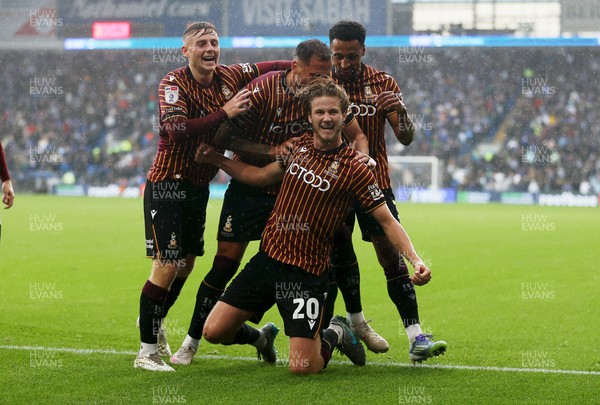 200925 - Cardiff City v Bradford City - SkyBet League One - Tommy Leigh of Bradford City celebrates scoring a goal with team mates