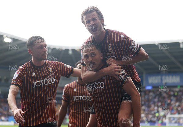 200925 - Cardiff City v Bradford City - SkyBet League One - Antoni Sarcevic of Bradford City celebrates scoring a goal with fellow goal scorer Tommy Leigh
