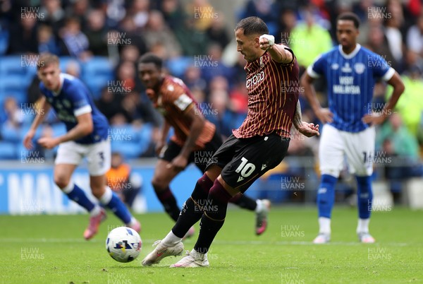 200925 - Cardiff City v Bradford City - SkyBet League One - Antoni Sarcevic of Bradford City scores a goal from the penalty spot
