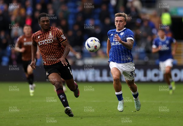 200925 - Cardiff City v Bradford City - SkyBet League One - Isaak Davies of Cardiff City is challenged by Josh Neufville of Bradford City 