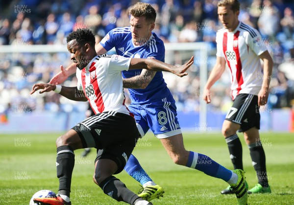 080417 - Cardiff City v Brentford, Sky Bet Championship - Josh Clarke of Brentford is challenged by Joe Ralls of Cardiff City