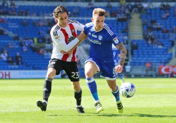 080417 - Cardiff City v Brentford, Sky Bet Championship - Joe Ralls of Cardiff City takes on Jota of Brentford