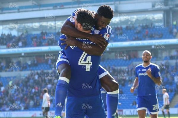 080417 - Cardiff City v Brentford, Sky Bet Championship - Sean Morrison of Cardiff City celebrates  with Bruno Ecuele Manga of Cardiff City after scoring goal