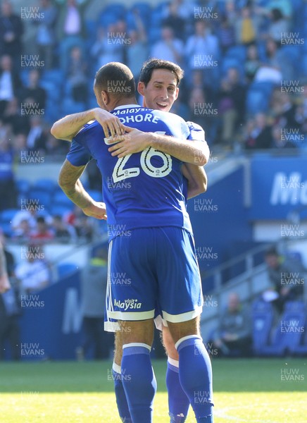 080417 - Cardiff City v Brentford, Sky Bet Championship - Peter Whittingham of Cardiff City celebrates with Kenneth Zohore of Cardiff City after scoring City's second goal