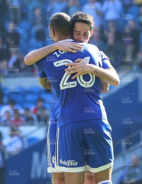 080417 - Cardiff City v Brentford, Sky Bet Championship - Peter Whittingham of Cardiff City celebrates with Kenneth Zohore of Cardiff City after scoring City's second goal