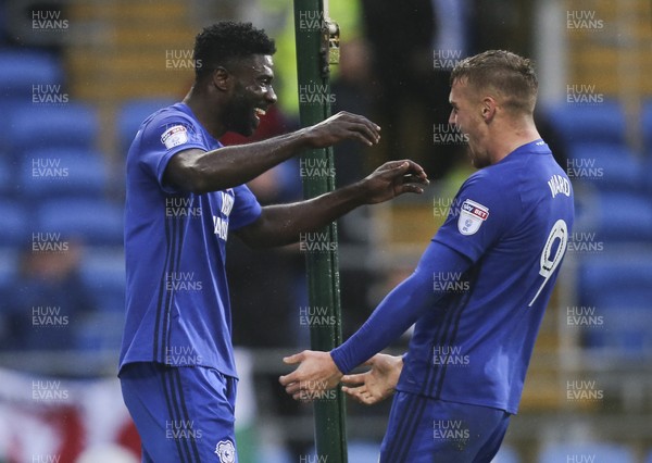 181117 - Cardiff City v Brentford, Sky Bet Championship - Danny Ward of Cardiff City and Bruno Ecuele Manga of Cardiff City celebrate after Cardiff's second goal
