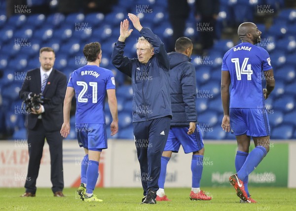 181117 - Cardiff City v Brentford, Sky Bet Championship - Cardiff City manager Neil Warnock applauds the fans at the end of the match