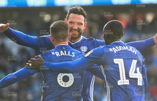 290220 - Cardiff City v Brentford, Sky Bet Championship - Sean Morrison of Cardiff City congratulates Joe Ralls of Cardiff City after he scores Cardiff's second goal
