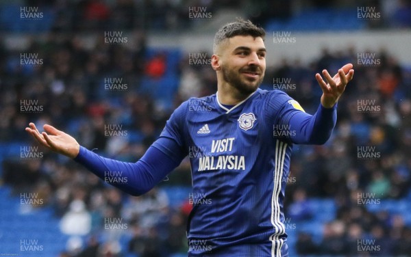 290220 - Cardiff City v Brentford, Sky Bet Championship - Callum Paterson of Cardiff City appeals to the linesman after a decision goes against him