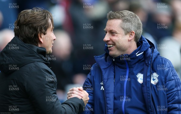 290220 - Cardiff City v Brentford, Sky Bet Championship - Cardiff City manager Neil Harris with Brentford head coach Thomas Frank at the start of the match