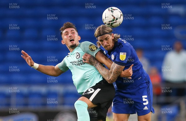 240821 - Cardiff City v Brighton and Hove Albion, EFL Carabao Cup - Aden Flint of Cardiff City and Andi Zeqiri of Brighton compete for the ball