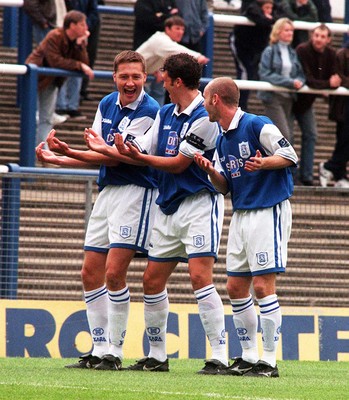 031098 - Cardiff City v Brighton and Hove Albion - League Division 3 -  Kevin Nugent of Cardiff (left) celebrates his goal with Scott Young and Wayne O'Sullivan (right) 