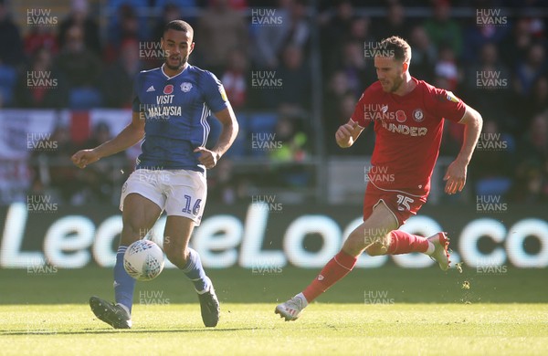 101119 - Cardiff City v Bristol City - SkyBet Championship - Curtis Nelson of Cardiff City is challenged by Marley Watkins of Bristol City