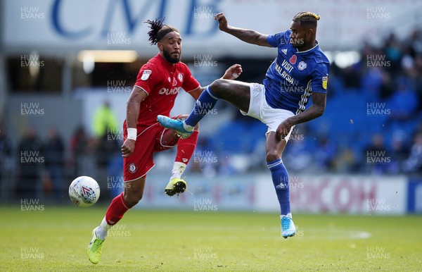 101119 - Cardiff City v Bristol City - SkyBet Championship - Leandro Bacuna of Cardiff City is tackled by Ashley Williams of Bristol City in the air