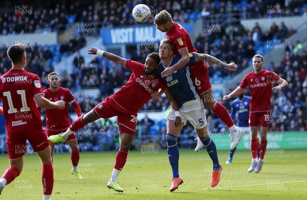 101119 - Cardiff City v Bristol City - SkyBet Championship - Aden Flint of Cardiff City can't be above Nathan Baker and Ashley Williams of Bristol City