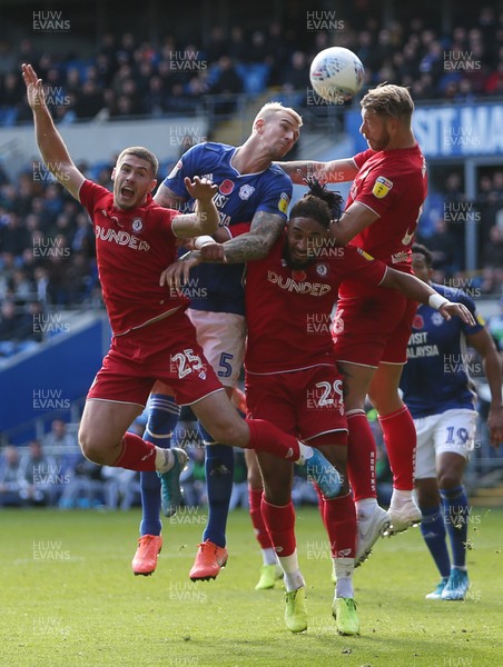 101119 - Cardiff City v Bristol City - SkyBet Championship - Aden Flint of Cardiff City gets above Tommy Rowe, Ashley Williams and Nathan Baker of Bristol City
