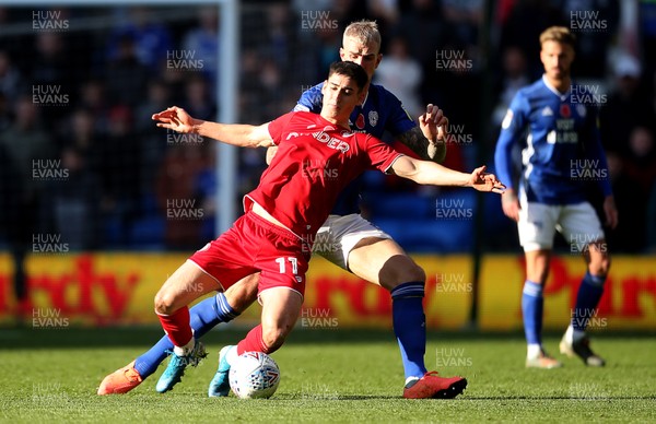 101119 - Cardiff City v Bristol City - SkyBet Championship - Callum O'Dowda of Bristol City is tackled by Aden Flint of Cardiff City