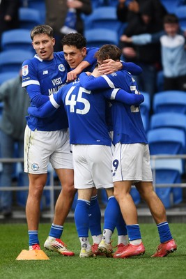 150225 - Cardiff City v Bristol City - Sky Bet Championship - Yousef Salech of Cardiff City celebrates scoring a goal with team mates