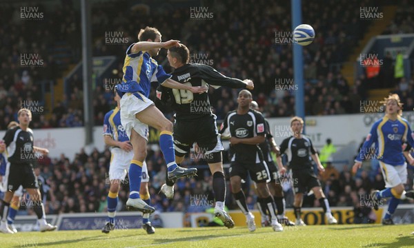 22.03.08 .. Cardiff City v Bristol City, Coca Cola Championship -  Cardiff's Roger Johnson climbs above Bristol's Tamas Vasko and heads home to score goal 