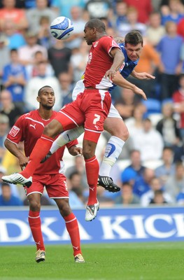 23.08.09 - Cardiff City v Bristol City - Coca-Cola Championship - Marvin Elliott of Bristol City and Mark Hudson of Cardiff City compete for the ball. 