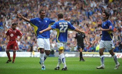 23.08.09 - Cardiff City v Bristol City - Coca-Cola Championship - Jay Bothroyd of Cardiff City and Adam Matthews celebrate Jamie McCombe of Bristol City's own goal. 