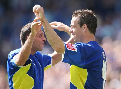 23.08.09 - Cardiff City v Bristol City, Coca Cola Championship -  Goalscorers Gavin Rae (rt) who scored City's third goal celebrates with Michael Chopra who scored City's second 