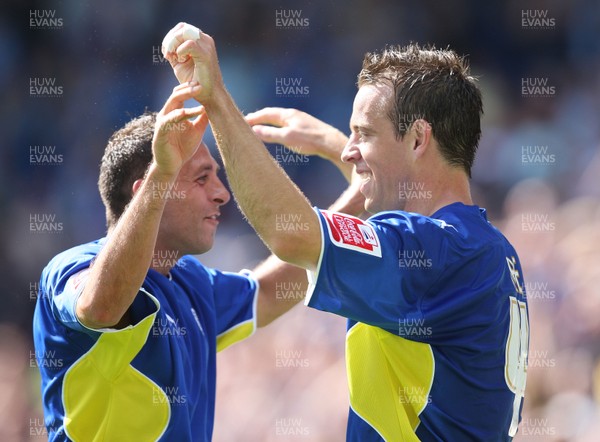 23.08.09 - Cardiff City v Bristol City, Coca Cola Championship -  Goalscorers Gavin Rae (rt) who scored City's third goal celebrates with Michael Chopra who scored City's second 