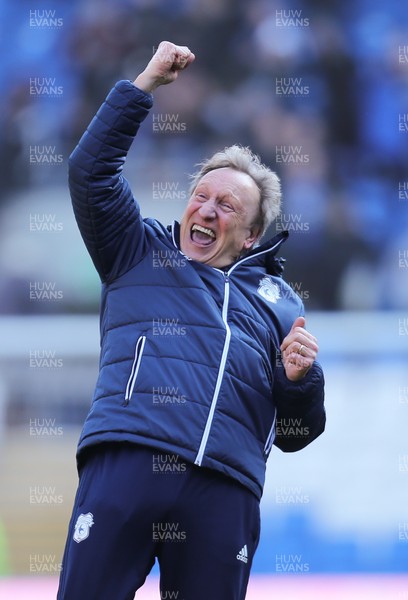250218 - Cardiff City v Bristol City, Sky Bet Championship - Cardiff City manager Neil Warnock celebrates at the end of the match