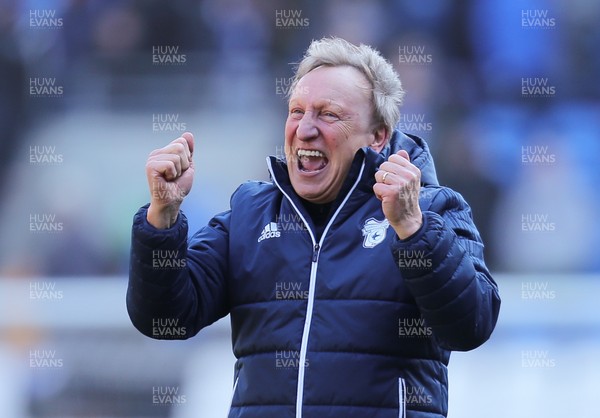 250218 - Cardiff City v Bristol City, Sky Bet Championship - Cardiff City manager Neil Warnock celebrates at the end of the match