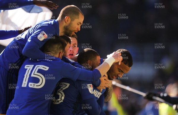250218 - Cardiff City v Bristol City, Sky Bet Championship - Kenneth Zohore of Cardiff City celebrates with team mates after scoring goal