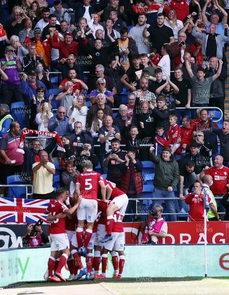 280821 - Cardiff City v Bristol City - SkyBet Championship - Andreas Weimann of Bristol City celebrates scoring his second goal with team mates