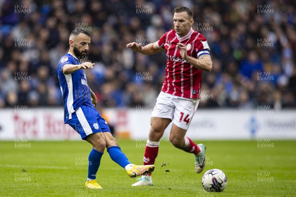 281023 - Cardiff City v Bristol City - Sky Bet Championship - Manolis Siopis of Cardiff City in action against Andreas Weimann of Bristol City