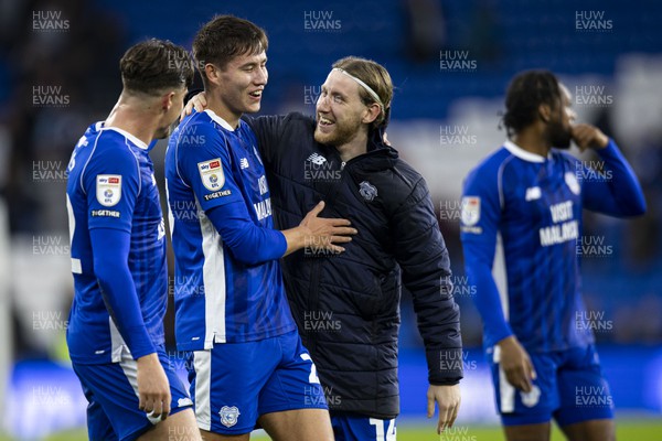 281023 - Cardiff City v Bristol City - Sky Bet Championship - Rubin Colwill and Josh Bowler of Cardiff City at full time