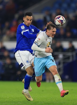 040325 Cardiff City v Burnley, EFL Sky Bet Championship - Anwar El Ghazi of Cardiff City and Connor Roberts of Burnley compete for the ball