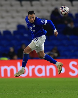 040325 Cardiff City v Burnley, EFL Sky Bet Championship - Anwar El Ghazi of Cardiff City heads the ball