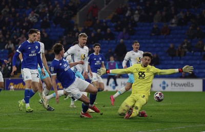 040325 Cardiff City v Burnley, EFL Sky Bet Championship - Will Fish of Cardiff City goes close in the final minutes of the match as he beats Burnley goalkeeper James Trafford