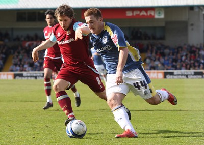 13.04.09.. Cardiff City v Burnley, Coca Cola Championship -  Cardiff's Ross McCormack is challenged by Burnley's Joey Gudjonsson  