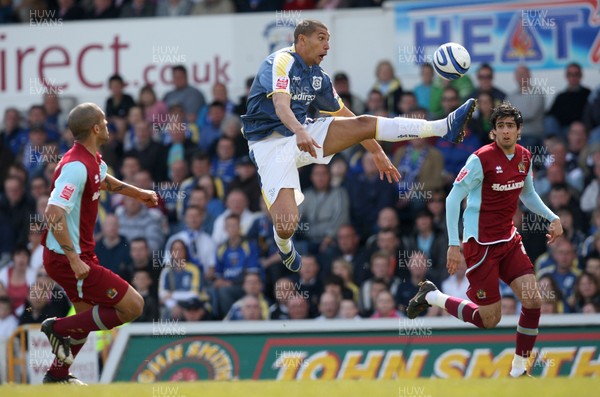 13.04.09.. Cardiff City v Burnley, Coca Cola Championship -  Cardiff's Jay Bothroyd gets highes to win the ball 